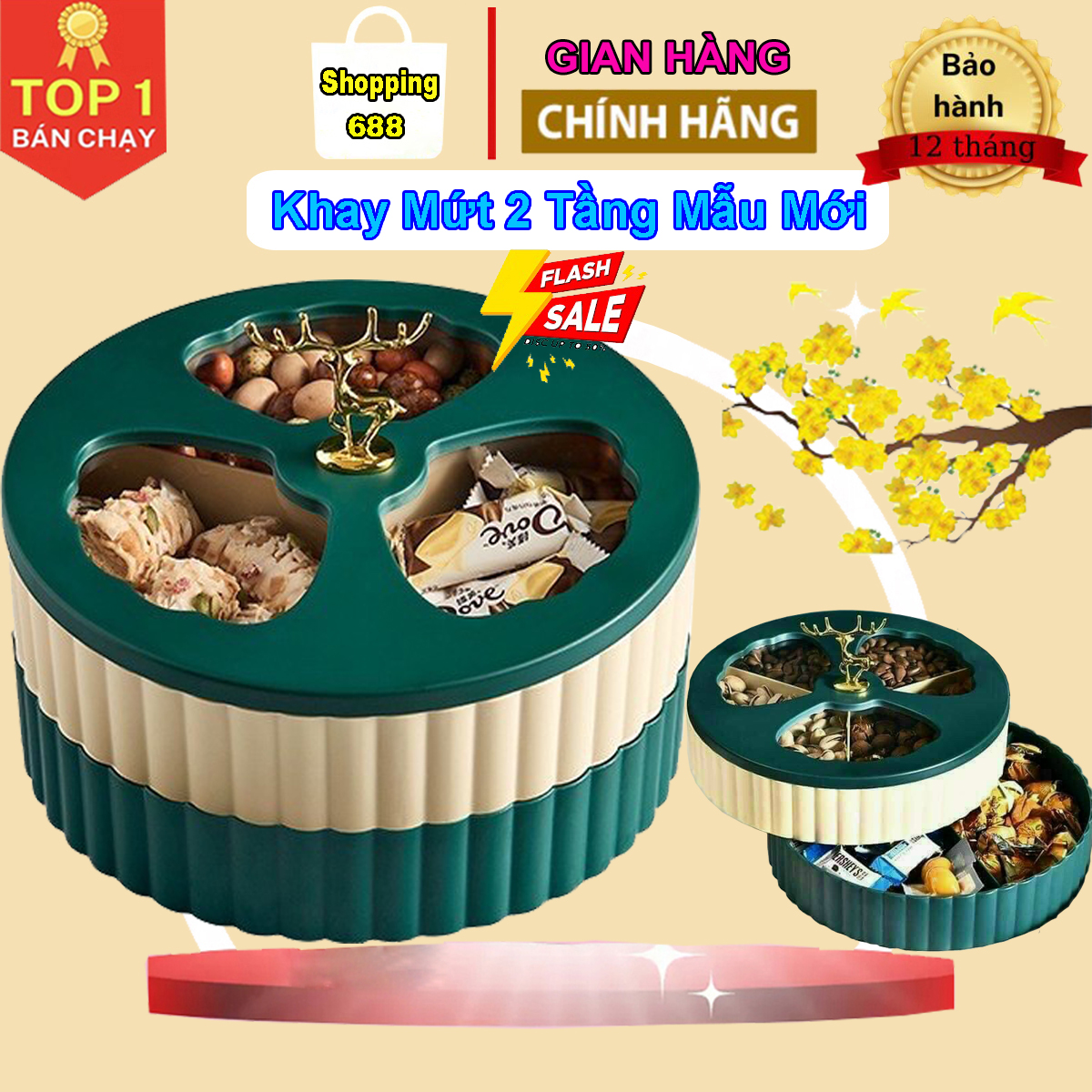 Khay mứt tết - hộp mứt tết 2 tầng hàng cao cấp hình hươu, thiết kế sang trọng, hiện đại phong cách châu âu, khay đựng mứt tết tròn xoay 360 độ, chất liệu nhựa pvc an toàn, hộp đựng mứt, hộp mứt tết, khay đựng mứt tết