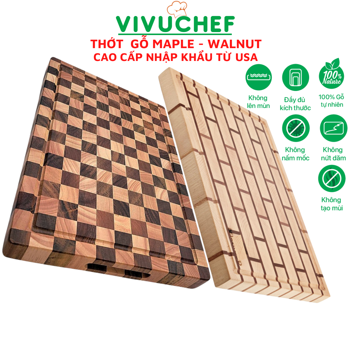 Thớt gỗ ash - walnut thương hiệu vivuchef - an toàn thực phẩm hình chữ nhật, hình tròn đủ size