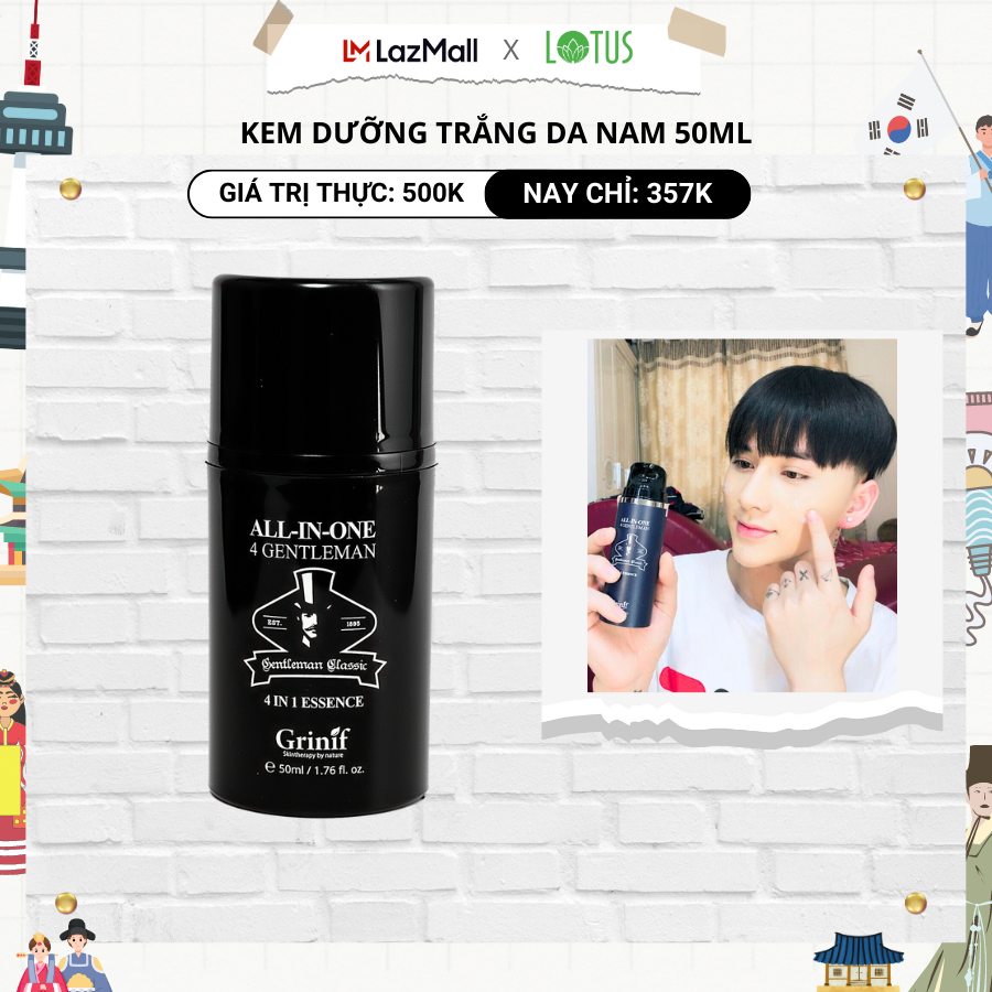 Kem dưỡng trắng da 4 trong 1 dành cho Nam giới, giúp dưỡng ẩm, chống lão hóa, mờ thâm nám, phục hồi làn da cháy nắng GRINIF All In One 4 Gentleman 50ml