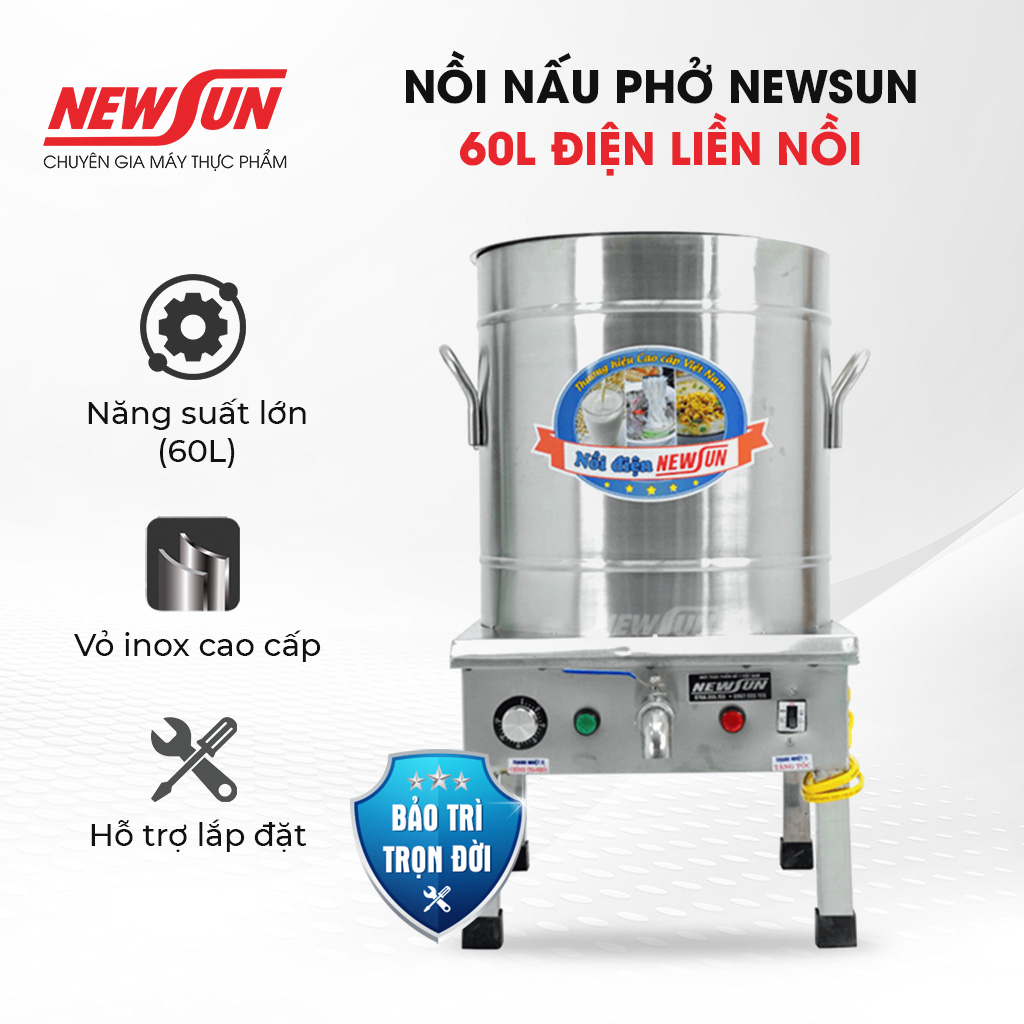 Nồi nấu phở newsun 60l điện liền nồi - hàng chính hãng - tặng 1 thanh nhiệt kèm theo
