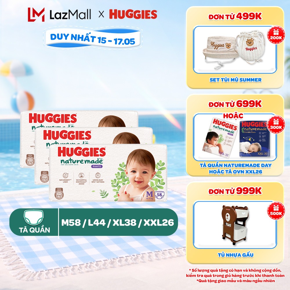 Combo 3 Tã/Bỉm quần Huggies NatureMade L44/XL38/XXL26/XXXL28
