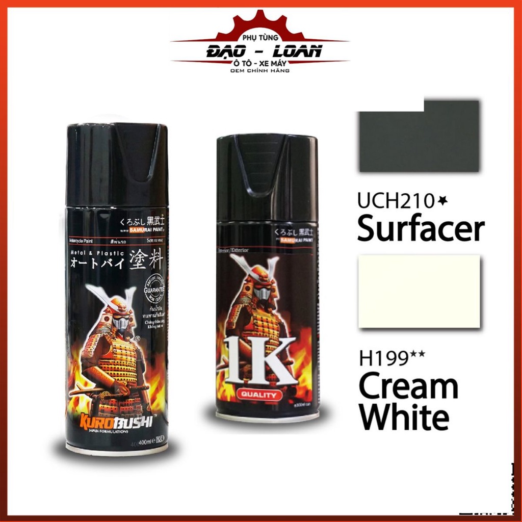 Combo cơ bản sơn Samurai, sơn xịt xe máy màu trắng kem H199 (Lót UCH 210, Nền: trắng 2/102, Màu trắng kem H199, Phủ K1K)