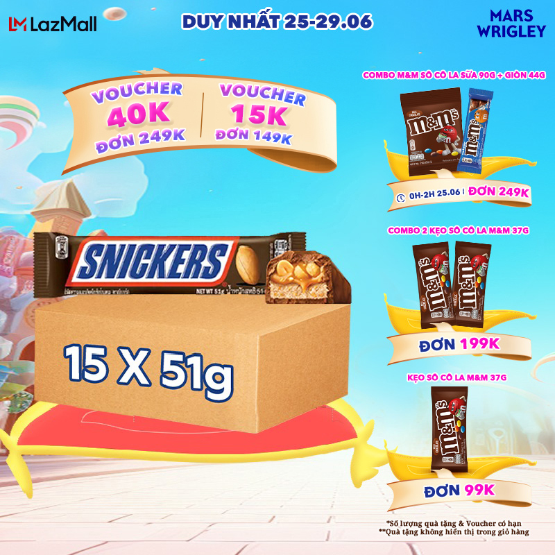 [CHỈ 25-29.06 - MUA 1 ĐƯỢC 3 từ 99K - SLCH] Combo 15 thanh kẹo Sô Cô la Snickers thanh 51g