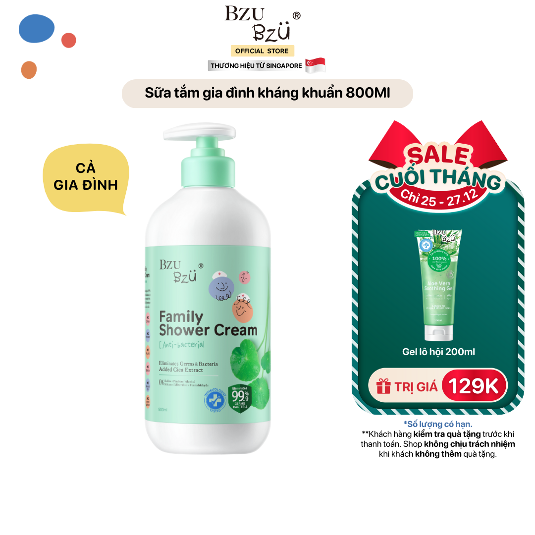 Sữa Tắm Gia Đình BZU BZU Family Shower Cream Anti - Bacterial Kháng Khuẩn, Làm Sạch Nhẹ Nhàng, Dưỡng Da Chai 800ml