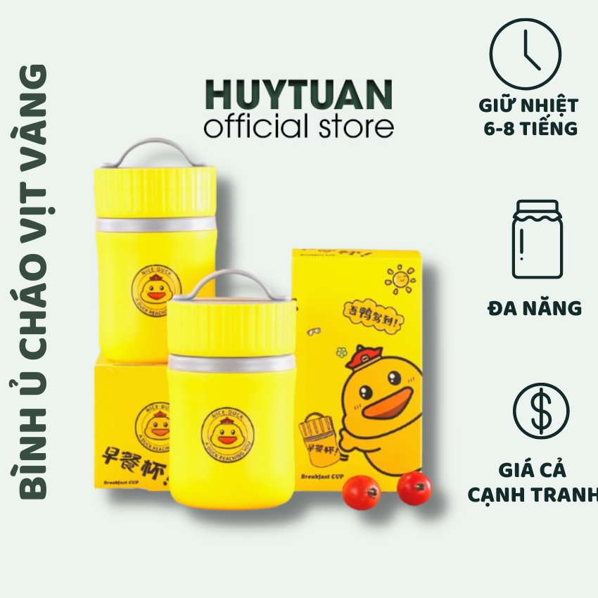 Bình ủ cháo vịt vàng - Bình giữ ấm cháo, cơm, sữa dung tích 580ml tặng kèm thìa