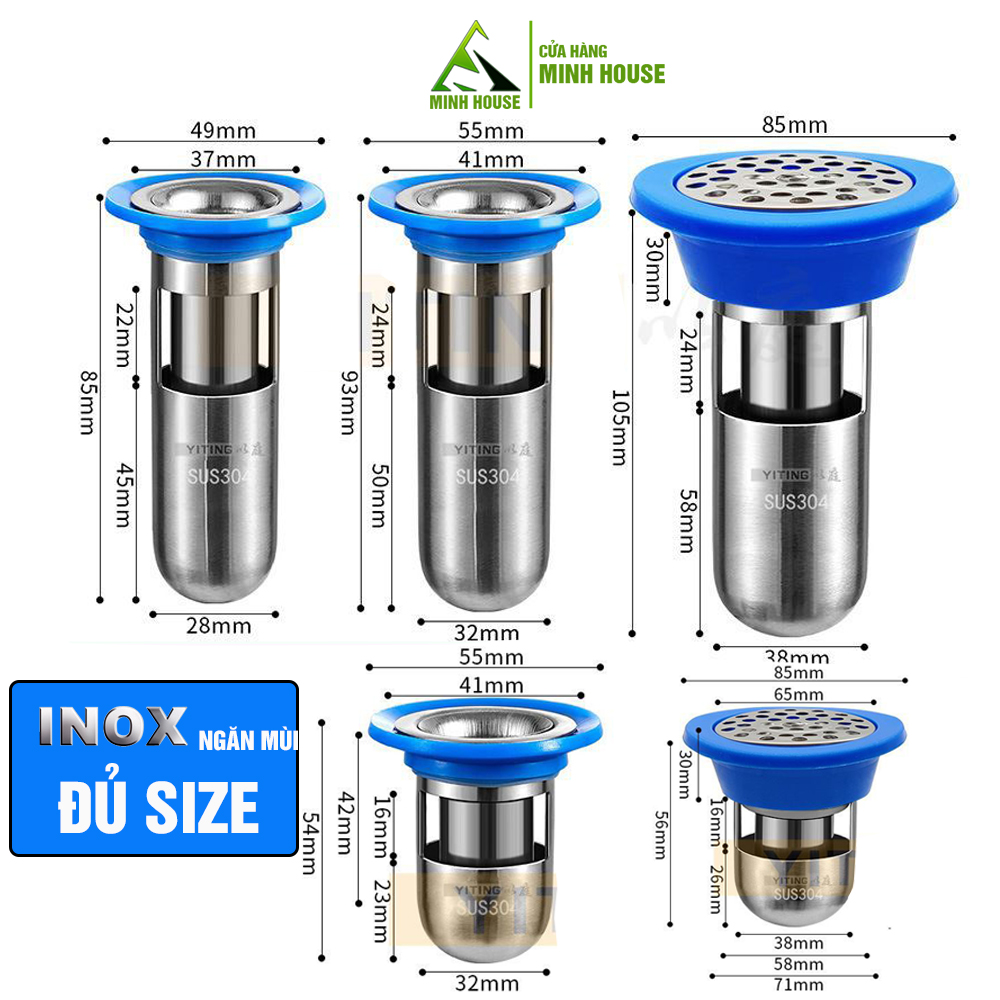  Phụ kiện ngăn mùi hôi nhà tắm Inox Sus 304 lắp thoát sàn chống côn trùng cống ống PVC Minh House 