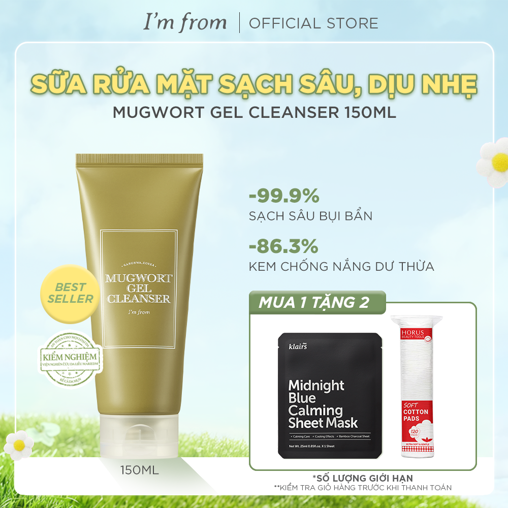  Sữa rửa mặt dịu nhẹ I'm From Mugwort Gel Cleanser 150ml chiết xuất ngải cứu lành tính cải thiện mụn kiềm dầu sáng da 
