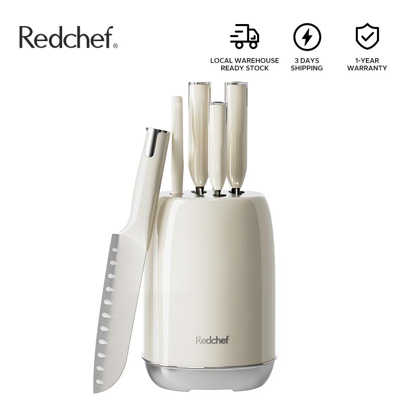 Redchef Bộ dao bếp bằng thép không gỉ màu trắng kem, 5 món – bộ dao nhà bếp đa năng gồm dao đầu bếp và các loại dao khác