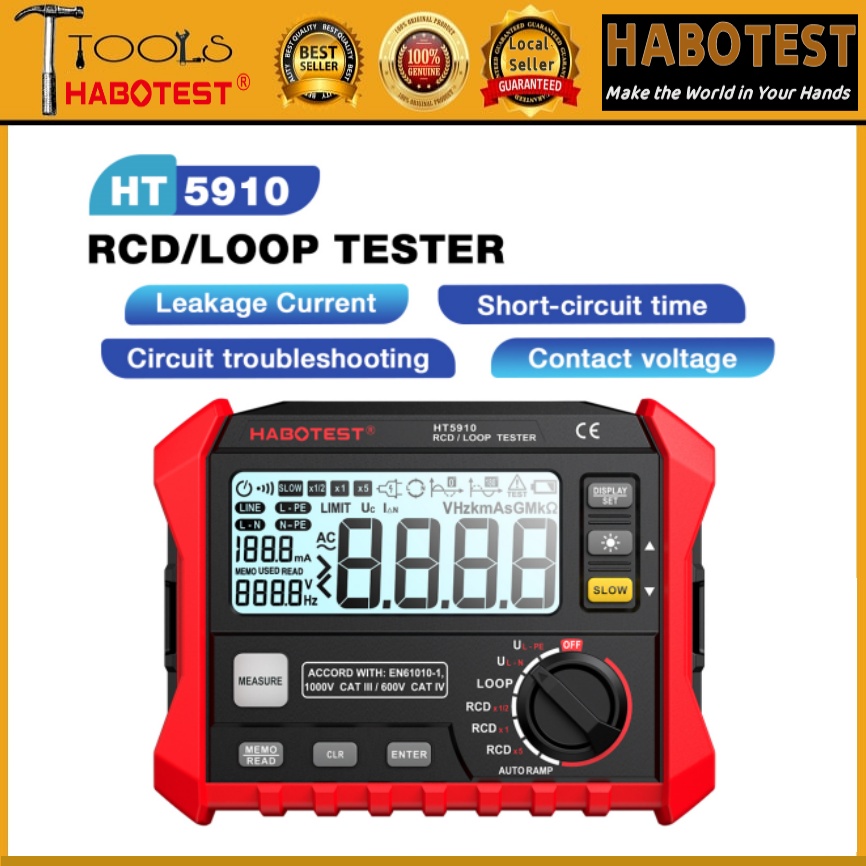 Habotest ht5910 digital rcd/loop tester 4.7-inch lcd resistance meter leakage switch tester 1000 data storage voltmeter
