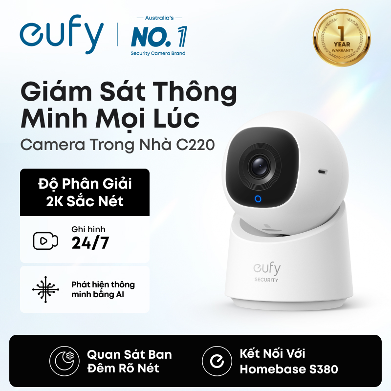 eufy by Anker Security C220 Indoor Surveillance Camera with 2K Resolution 360° Rotation Tilt Wired Indoor Surveillance Camera with Wi-Fi AI Human Detection