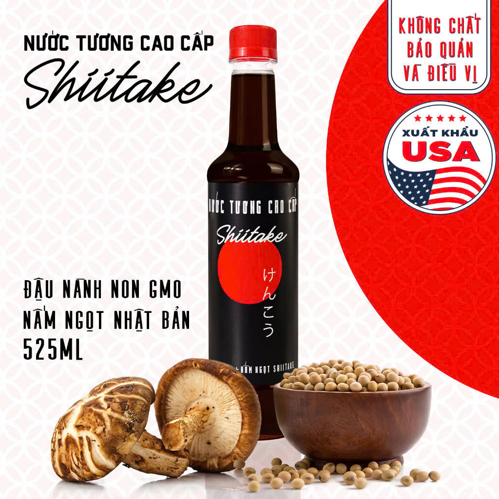 Nước tương cao cấp Shiitake lên men tự nhiên từ đậu nành và nấm ngọt Shiitake, chai nhựa 525ml