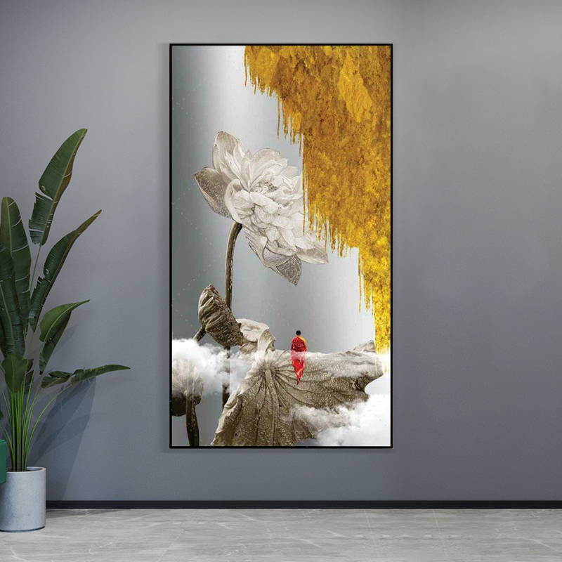 TRANH TREO TƯỜNG  LỤA KIM SA HOA SEN BÊN PHẬT THD24 - TRANH CANVAS - TRANH PHÒNG KHÁCH