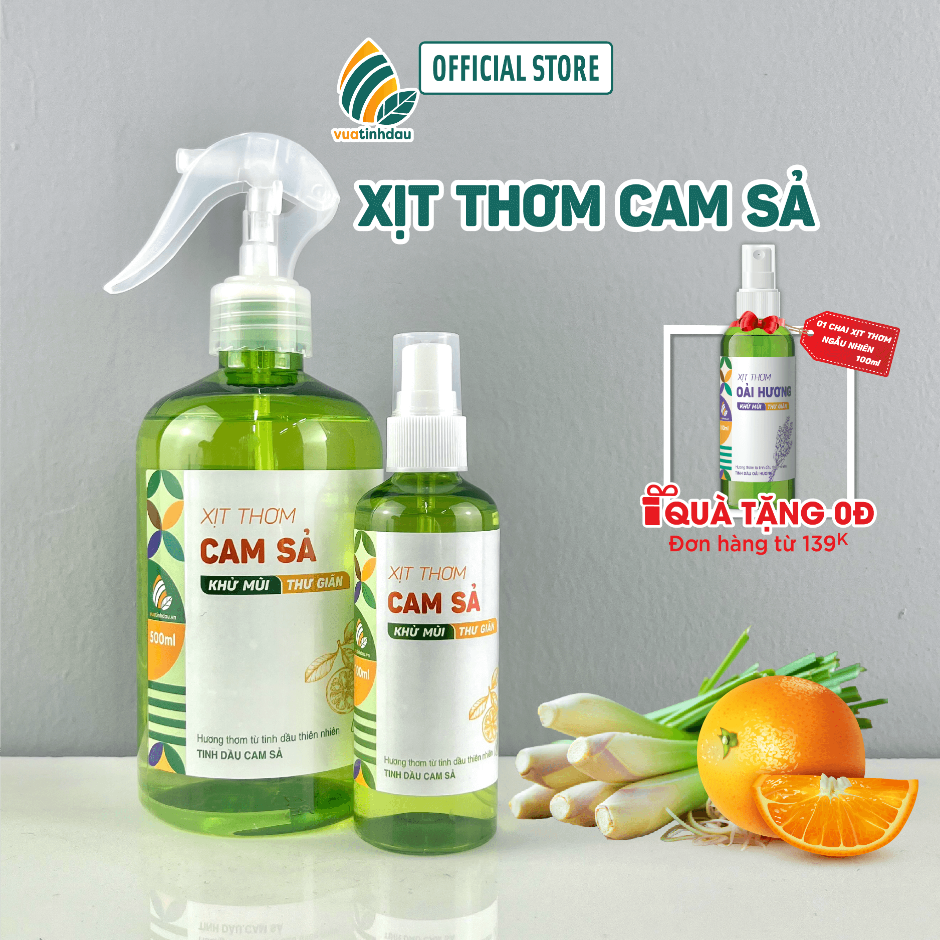 Bình xịt thơm phòng tinh dầu cam sả 100ml/500ml vuatinhdau tinh dầu xịt thơm nón bảo hiểm khử mùi thú cưng
