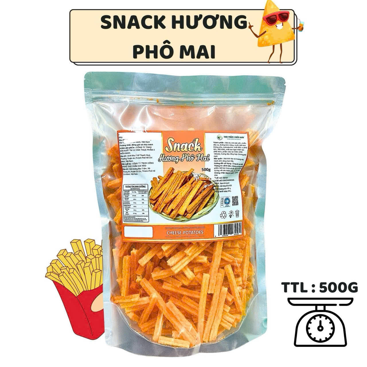 Snack Hương Phô Mai _ [ Snack Khoai Tây Phô Mai ] - Túi Zip 500g (Net: 0,425kg) NTFood - Nhất Tín Food