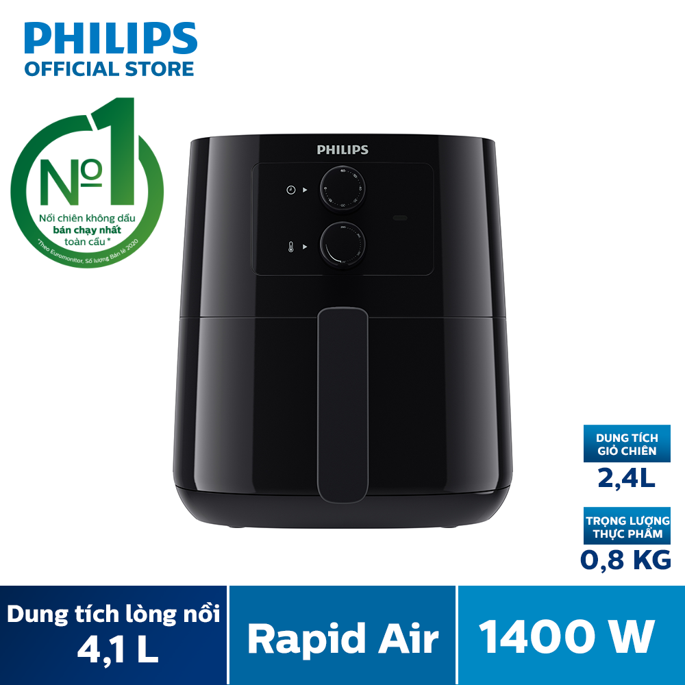 Nồi Chiên Không Dầu Philips HD9200/90-Lòng Nồi 4.1Lít , Giỏ Nướng 2.2L (Đen)-Bảng Điều Khiển Cơ-Hàng Phân Phối Chính Hãng