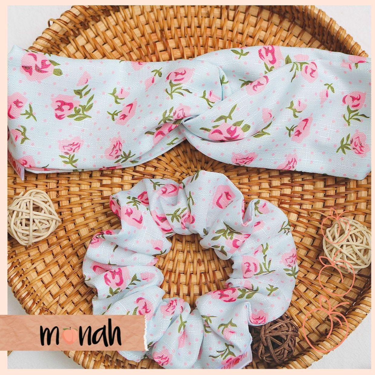 Combo dây buộc tóc cột tóc scrunchie và turban băng đô nữ hoa hồng nền xanh trang nhã lụa vân tre.