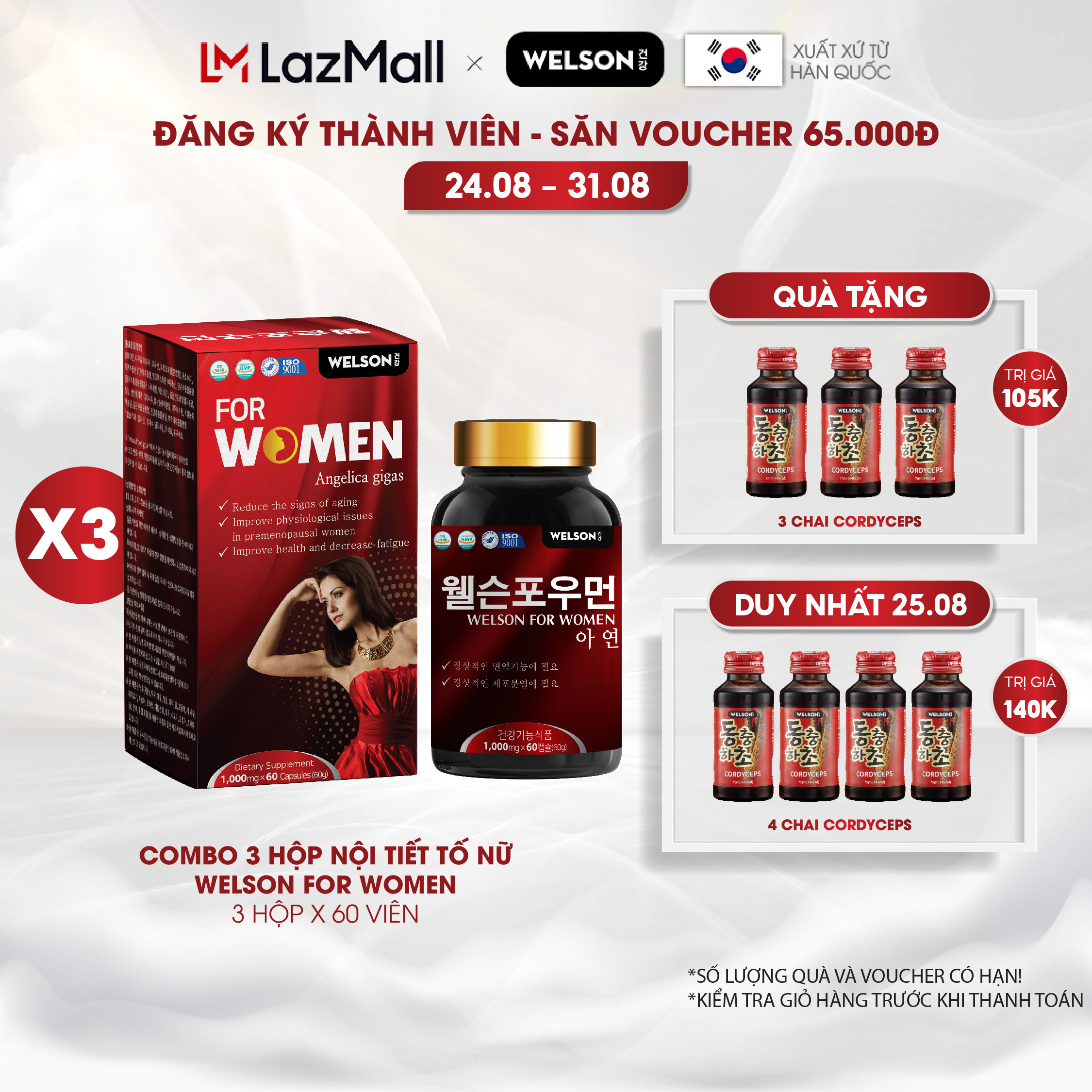 Combo 3 hộp viên uống nội tiết tố nữ đẹp da welson for women hộp 60 viên