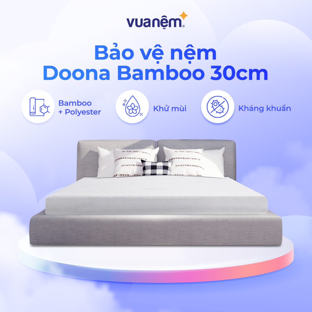 Bảo vệ nệm Doona Bamboo 30cm chống bụi bẩn nấm mốc, khử mùi thoáng khí, thoát nhiệt tối ưu