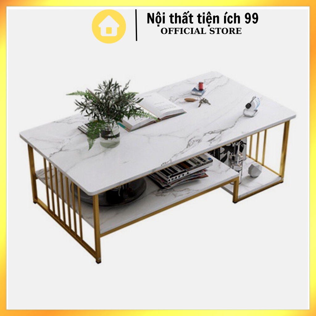 Bàn trà sofa phòng khách mặt bàn họa tiết vân đá cẩm thạch 2 tầng khung thép chân sơn nhũ vàng. Nội thất tiện ích 99