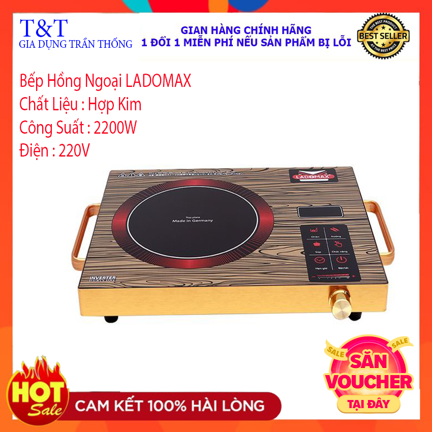 Bếp hồng ngoại ladomax ha-666-go mặt kính vân gỗ , bếp hồng ngoại cao cấp công suất 2200w