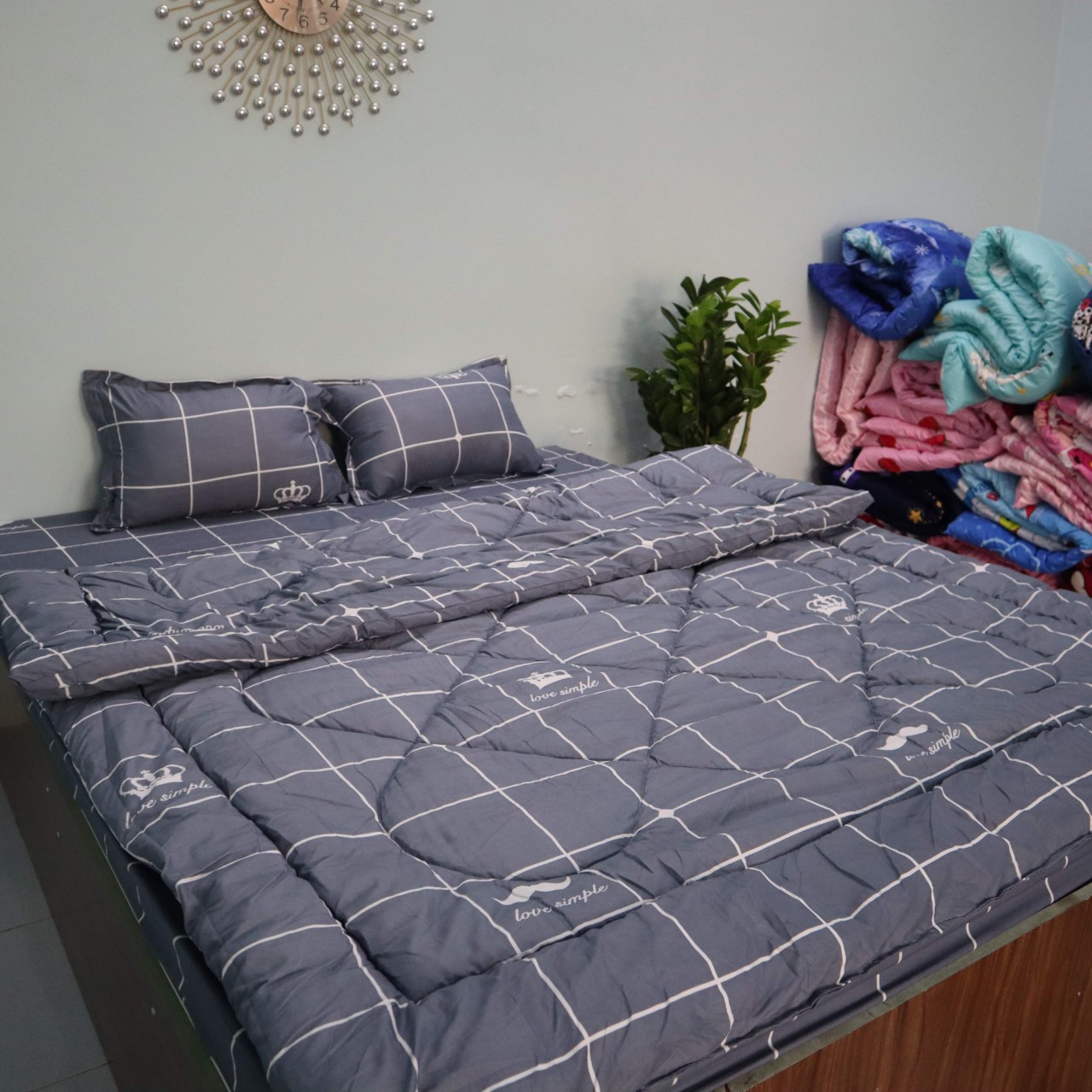 Set chăn phao + ga gối màu kẻ và hoa lá, chăn phao 4 mùa, bộ chăn chăn phao 5 món, chăn mền người lớn, chăn ngủ, chăn bông, chăn phao mùa đông chần bông, chăn phao siêu nhẹ, chăn phao chần bông dày