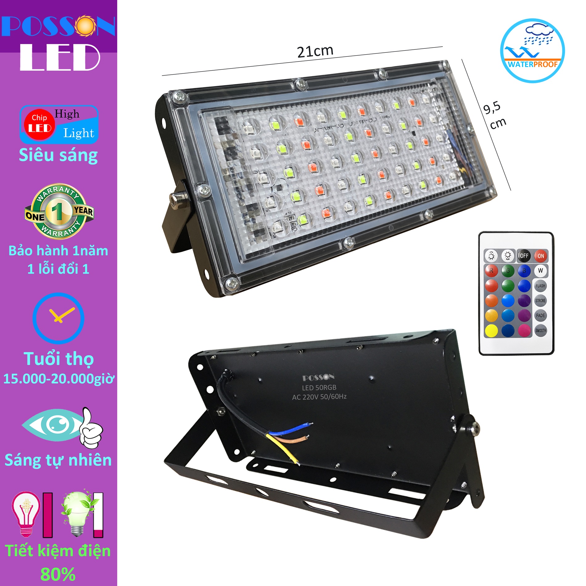 Đèn pha Led đổi nhiều màu RGB 50w kèm điều khiển hắt tường rọi cây chống nước mưa ngoài trời Posson LF-50RGB