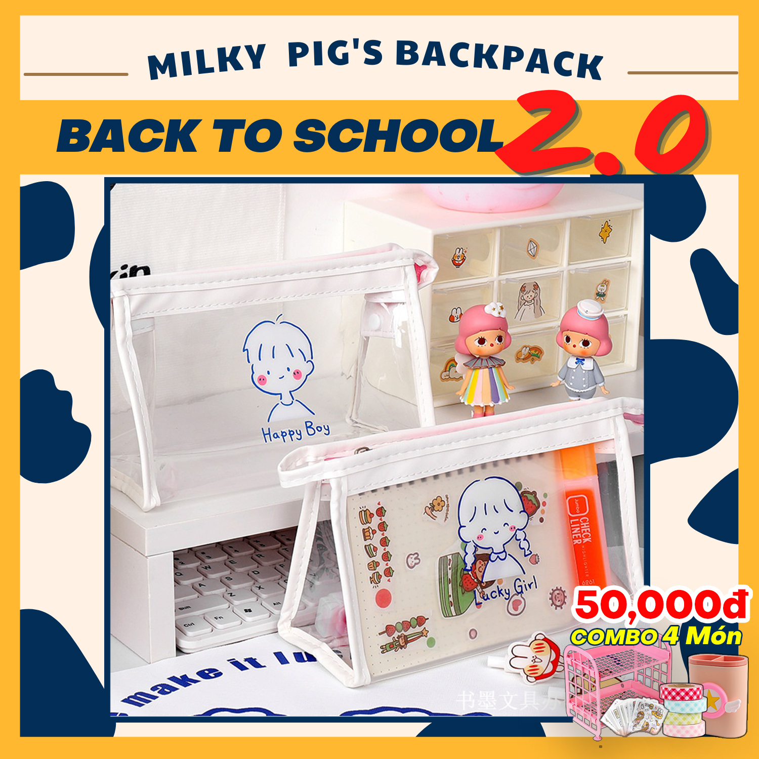 [ 𝑇𝑎̣̆𝑛𝑔 𝐺𝑢̛𝑜̛𝑛𝑔 𝑀𝑖𝑛𝑖 ] Túi Đựng Bút Trong Suốt Siêu Cute - Hộp Bút Đa Năng Cỡ Lớn Phong Cách Hàn Quốc