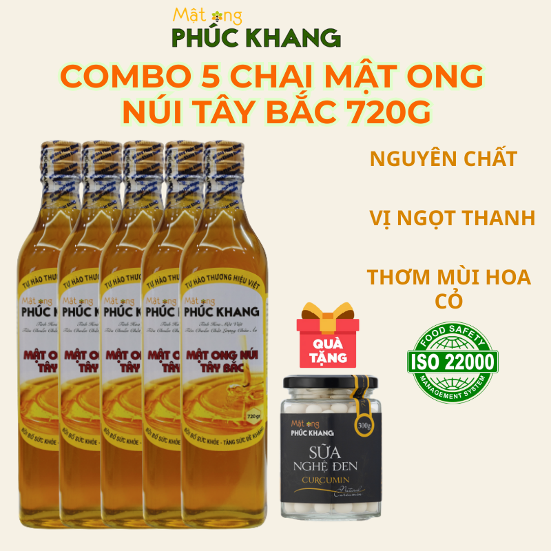 Combo 5 Chai Mật Ong Rừng Tây Bắc Phúc Khang 720g - Nguyên chất tự nhiên bổ dưỡng thu hoạch 2025