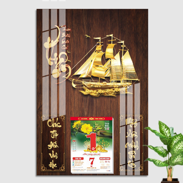 Lịch gỗ treo tường tráng gương Thuyền Vàng, lịch tết Ất Tỵ 2025 thích hợp treo phòng khách làm quà tặng