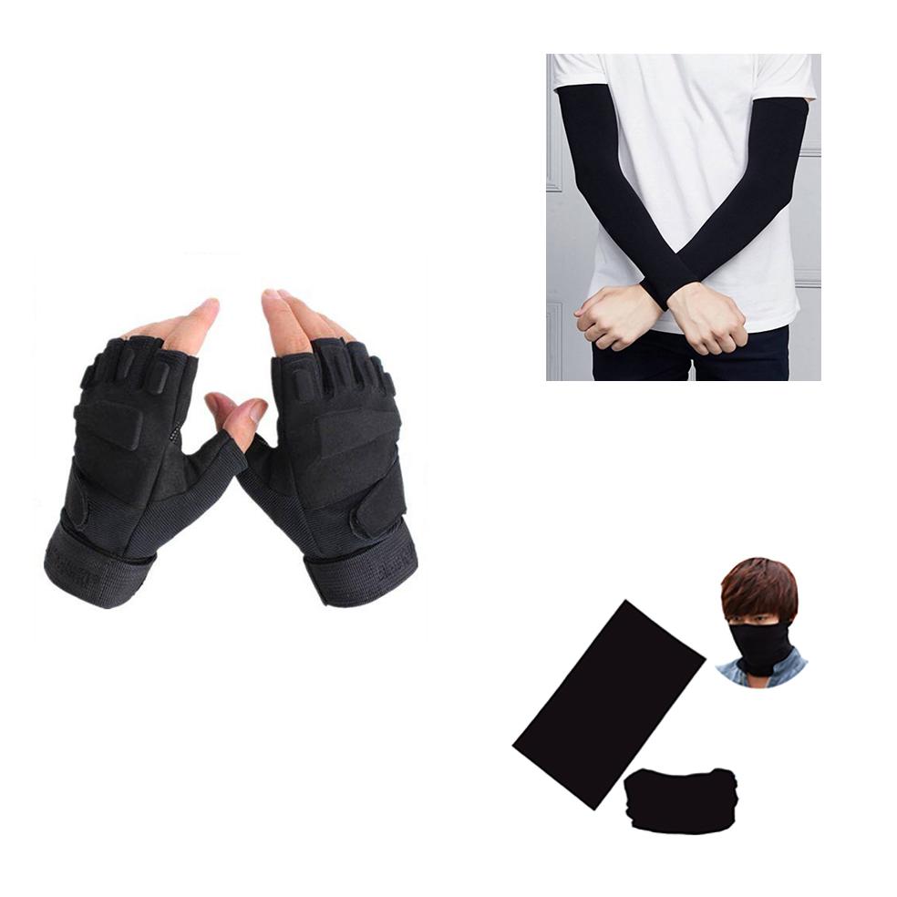[HCM]Combo phượt 3 món full đen (găng tay Blackhawk cụt ngón + ống tay chống nắng + khăn đa năng)