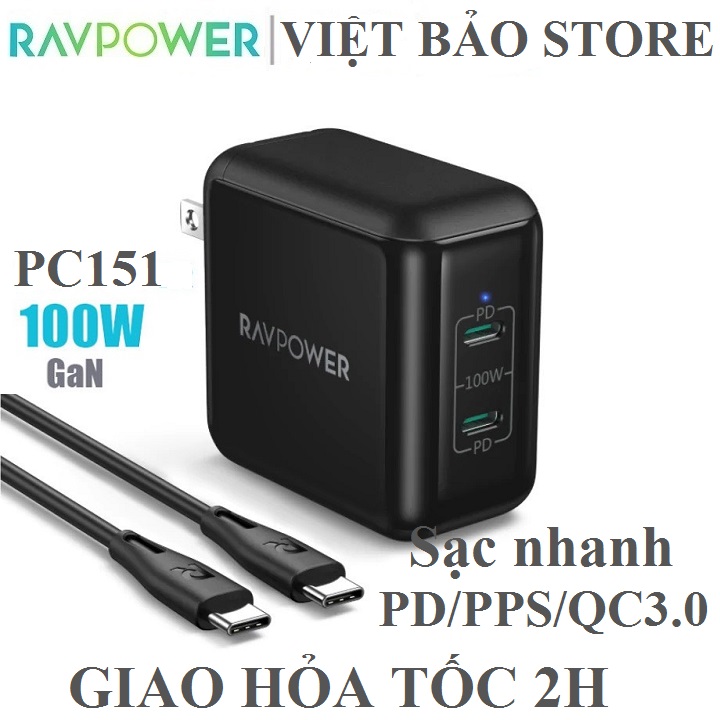 Củ sạc nhanh ravpower 100w rp-pc151 gan ii- 2 cổng type c kèm cáp c to c 1.5m
