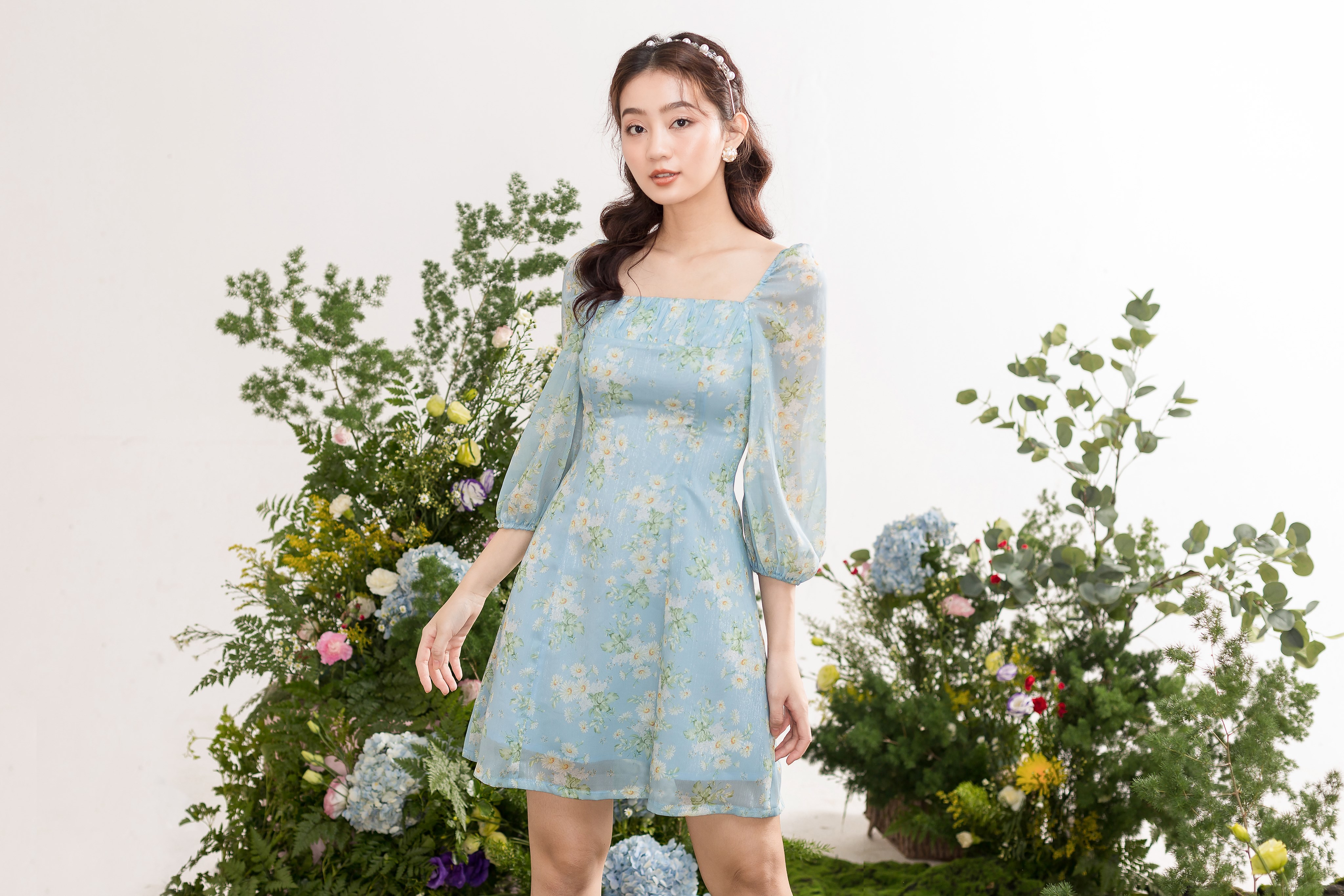 TIELA Đầm hoa xanh nhún ngực-Lucy Dress