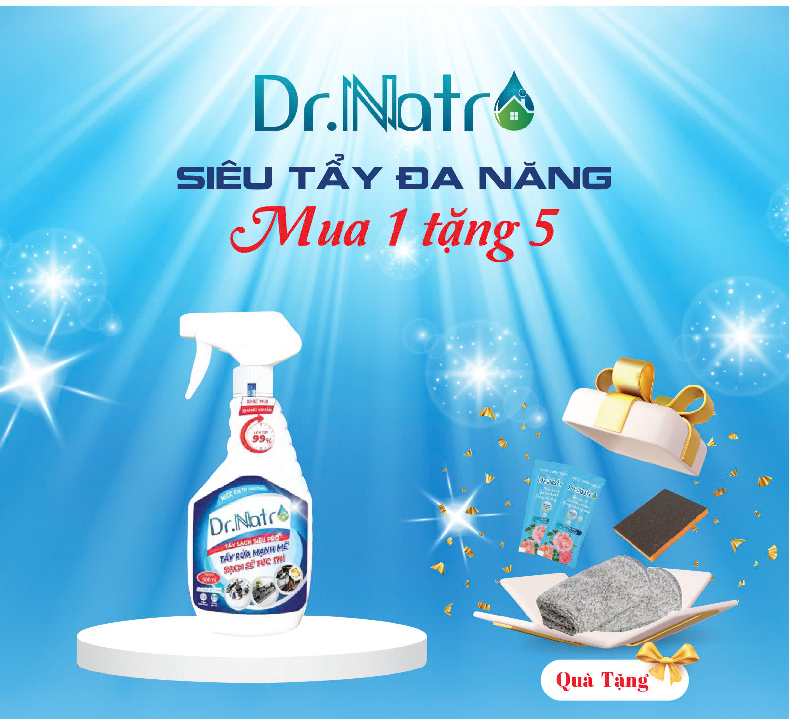 Chai nước tẩy rửa đa năng Dr.Natro 500ml Tẩy Sạch Mọi Vết Bẩn tặng 1 miếng chà+2 khăn lau + 2 gói dưỡng hoa