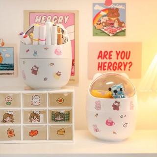 [Tặng Kèm Sticker] Thùng Rác Mini Có Nắp Lật Để Bàn Hình Gấu Cute Đa Năng 2 Màu Xám Trắng