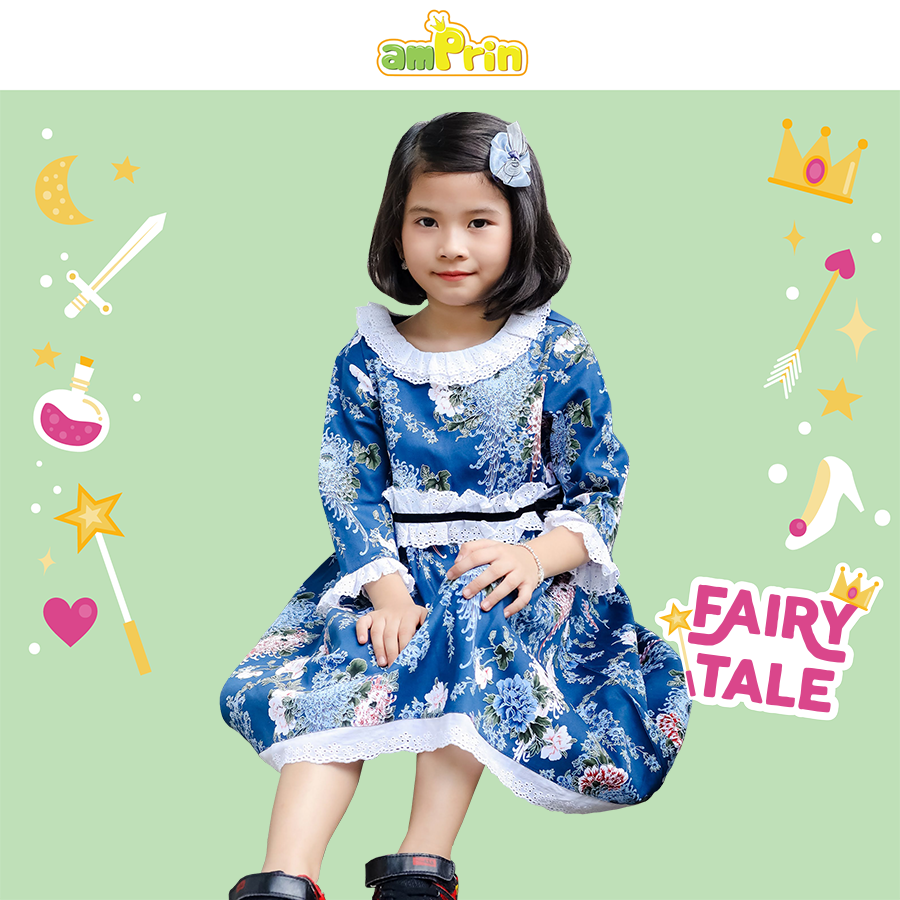 Đầm vải kate hoạ tiết hoa lá mùa hè cao cấp dành cho bé gái từ 0-12 tuổi Amprin D676