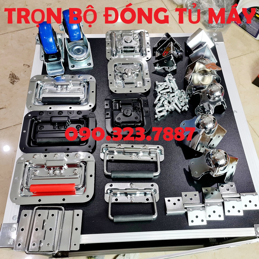 Trọn bộ phụ kiện đóng tủ máy âm thanh, tủ thiết bị: khóa bướm, tay xách, ke , góc, bản lề… loại tốt