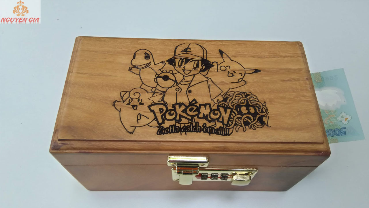 Hộp đựng tiền tiết kiệm có mật khẩu bằng gỗ mẫu Pokemon an toàn tiện lợi