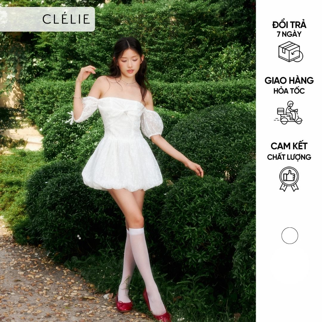 Đầm bí corset đính nơ đá trễ vai ống tay phồng kèm quần bảo hộ | lily dress - clélie