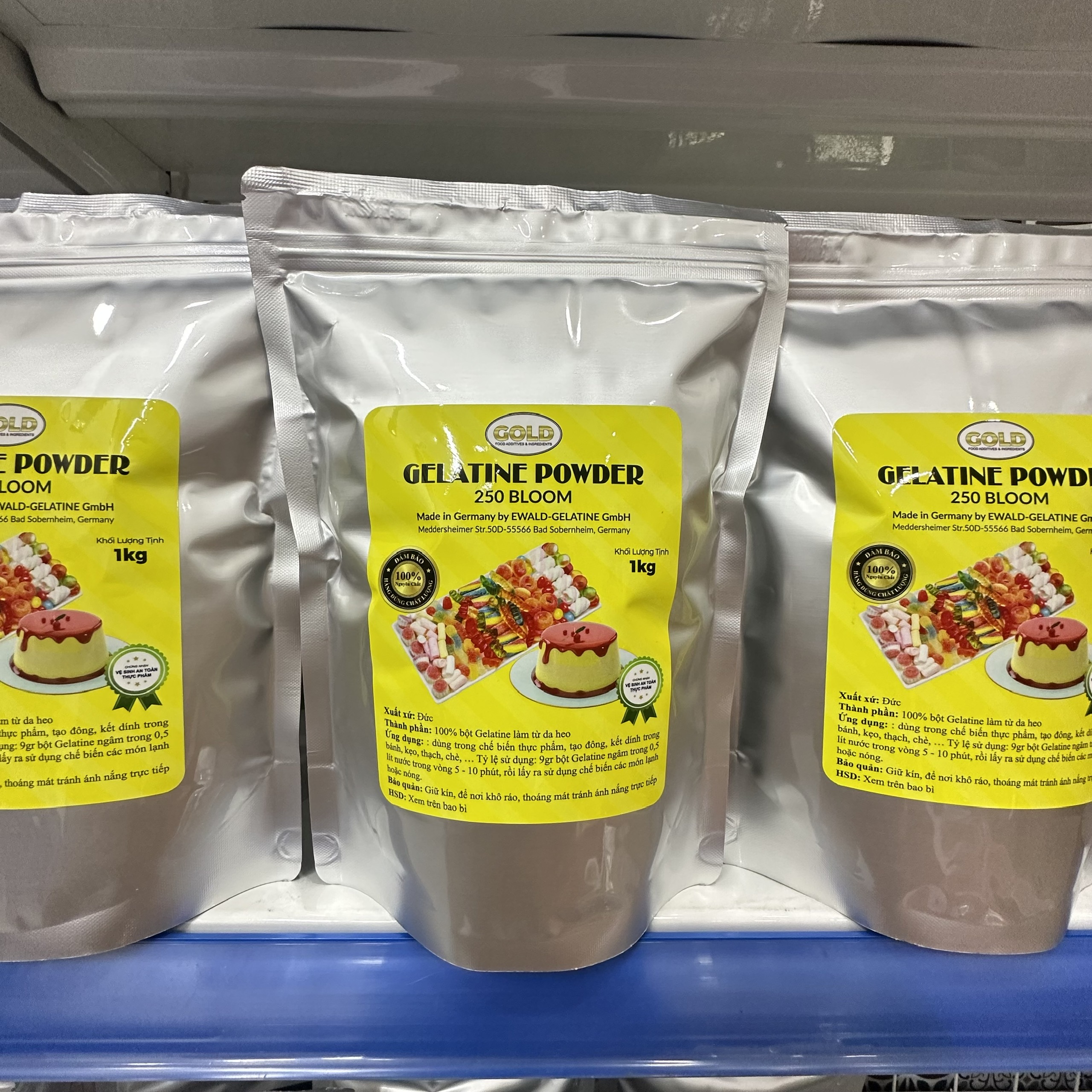1KG Bột Gelatin Ewald Đức 250 bloom, Bột gelatin 250 bloom chiết xuất từ da lợn không hôi, làm giò thủ, thịt nguội, làm bánh, thạch rau câu, chè khúc bạch...