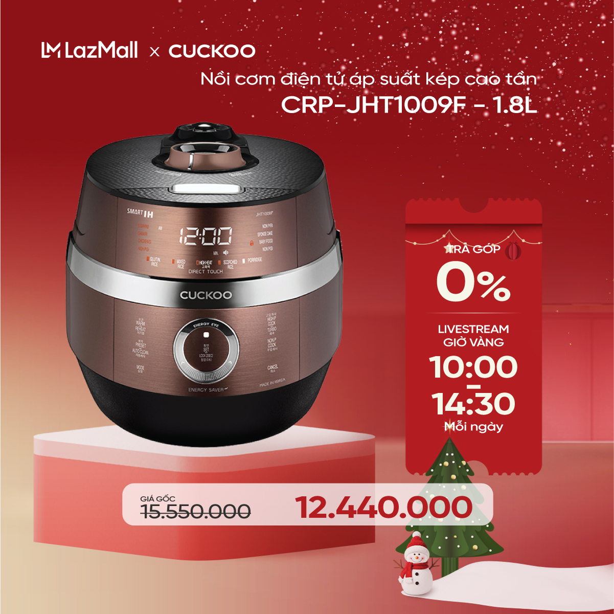  Nồi cơm điện tử áp suất cao tần Cuckoo 1.8 lít CRP-JHT1009F - Tùy chọn nấu áp suất và không áp suất lòng nồi chống dính Xwall - Hàng chính hãng 