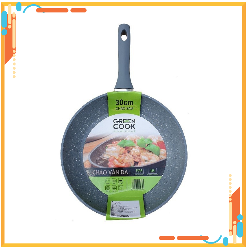 Chảo nhôm chống dính vân đá đáy từ lòng sâu greencook gcp02-30ih size 30cm