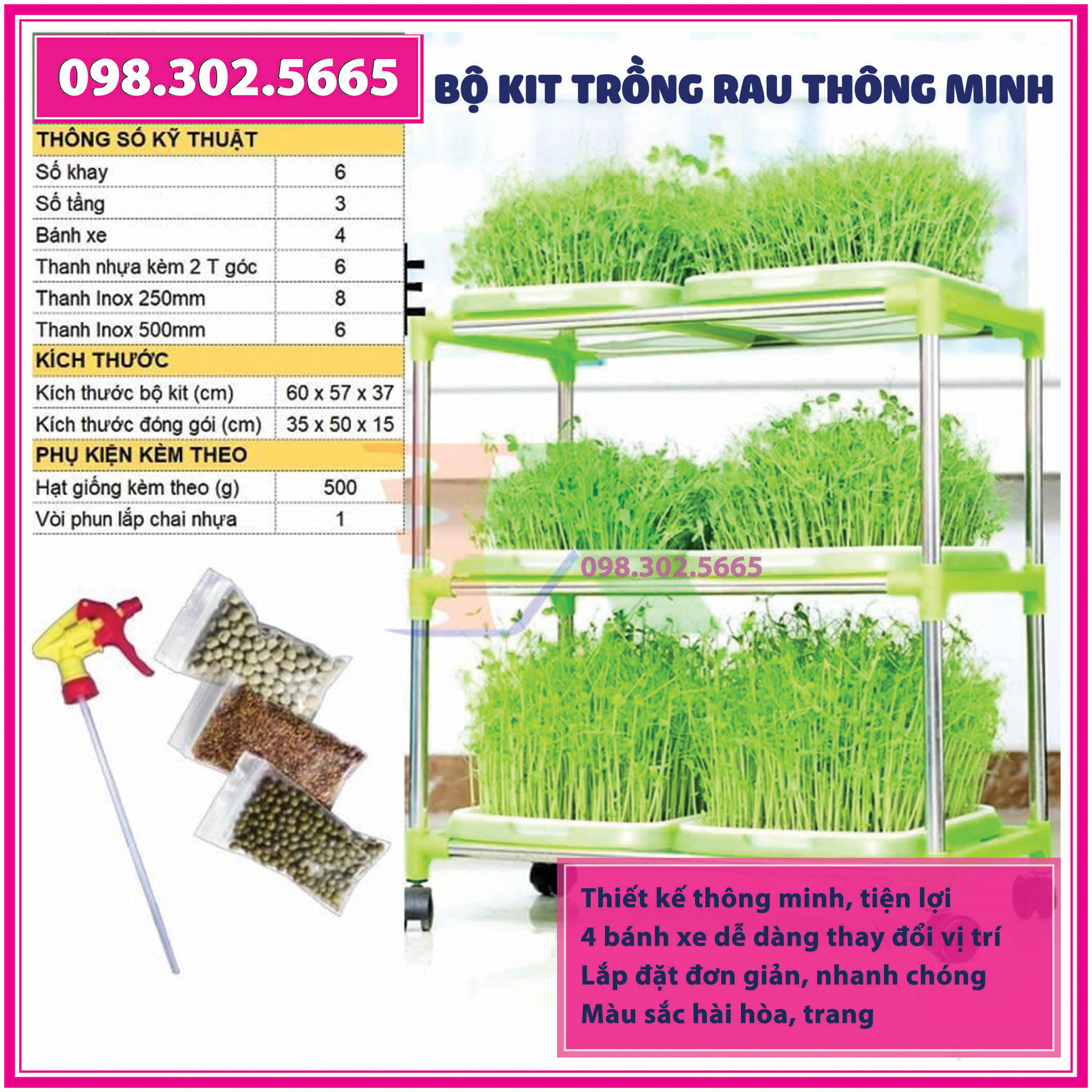 Bộ Kit trồng rau mầm 6 khay, 3 tầng bao gồm: Giá đỡ có 4 bánh + 6 Khay trồng + 500g Hạt giống + Vòi xịt nước.