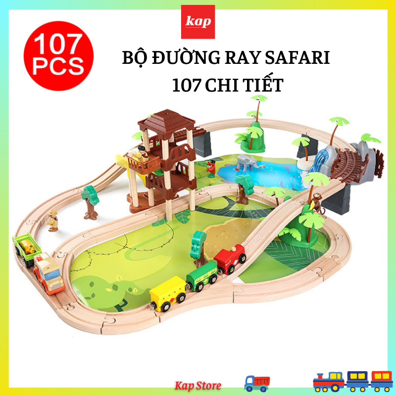 Jungle Train Set, bộ đồ chơi mô hình đường ray xe lửa gỗ 107pcs