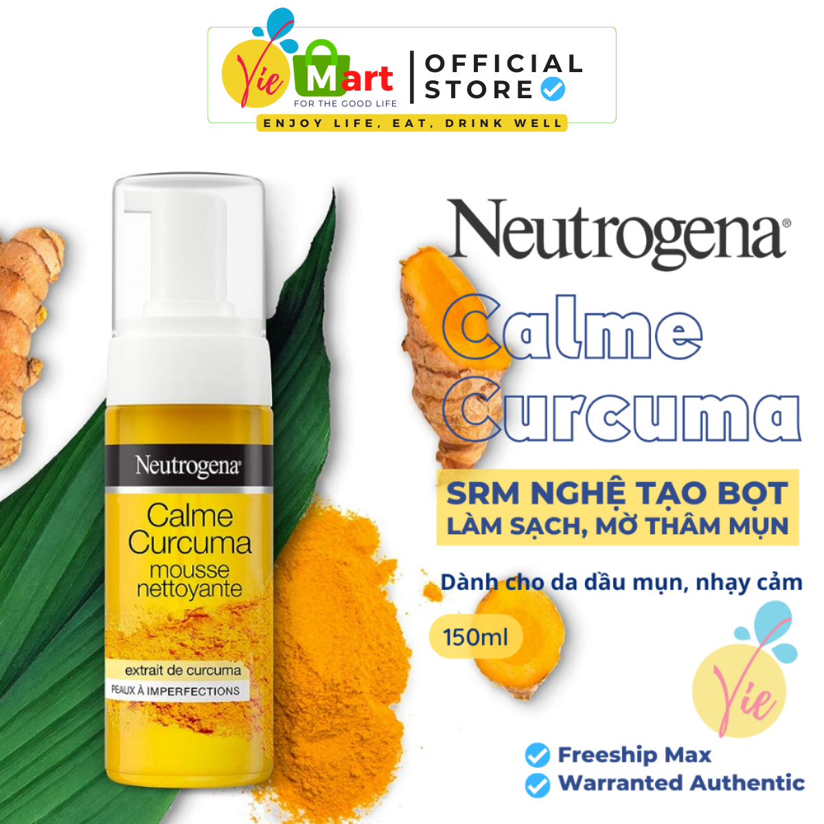 Sữa rửa mặt Neutrogena Calme Curcuma Mousse Nettoyante - Srm nghệ làm sạch & mờ thâm mụn 150ml