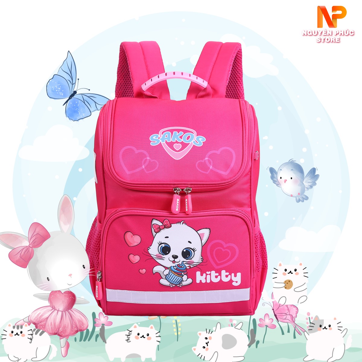 Balo Trẻ Em Đi Học Chống Gù Lưng Cho Bé Gái (Hồng Cánh Sen) Sakos Simple - Siêu Nhẹ - Họa Tiết Mèo Kitty - Chống Nước Tốt.Bảo Hành Chính Hãng Sakos