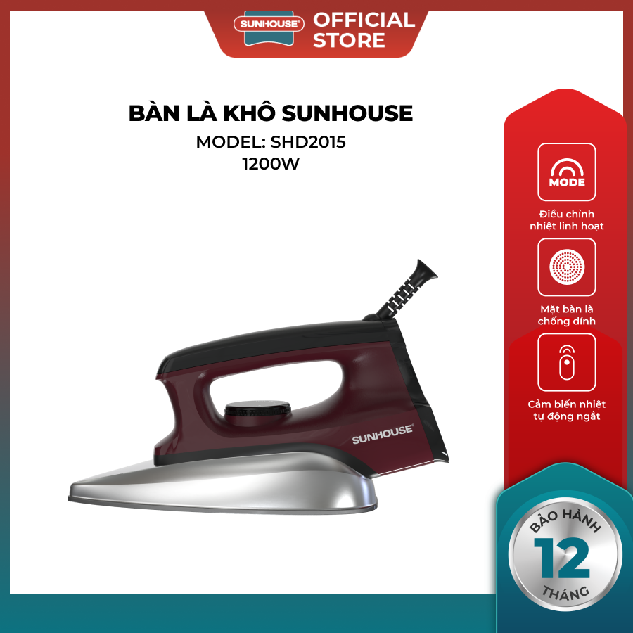 Bàn Là Khô Sunhouse SHD2015/SHD2016 1200W Chống Dính, Bảo Hành 12 Tháng, Cảm Biến Nhiệt Tự Động, Đa Chế Độ Nhiệt