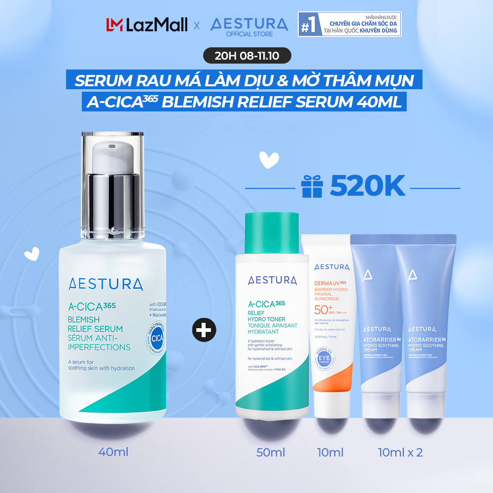[MUA 1 TẶNG 4] Dưỡng chất rau má làm dịu, mờ thâm và phục hồi da khô/mụn/nhạy cảm AESTURA A-CICA365 Blemish Relief Serum 40ml