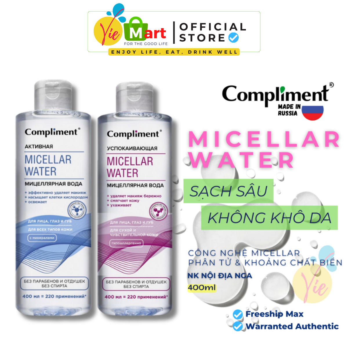 Nước Tẩy Trang Compliment Micellar Water 400ml Làm Sạch Sâu Cho Da Nhạy Cảm