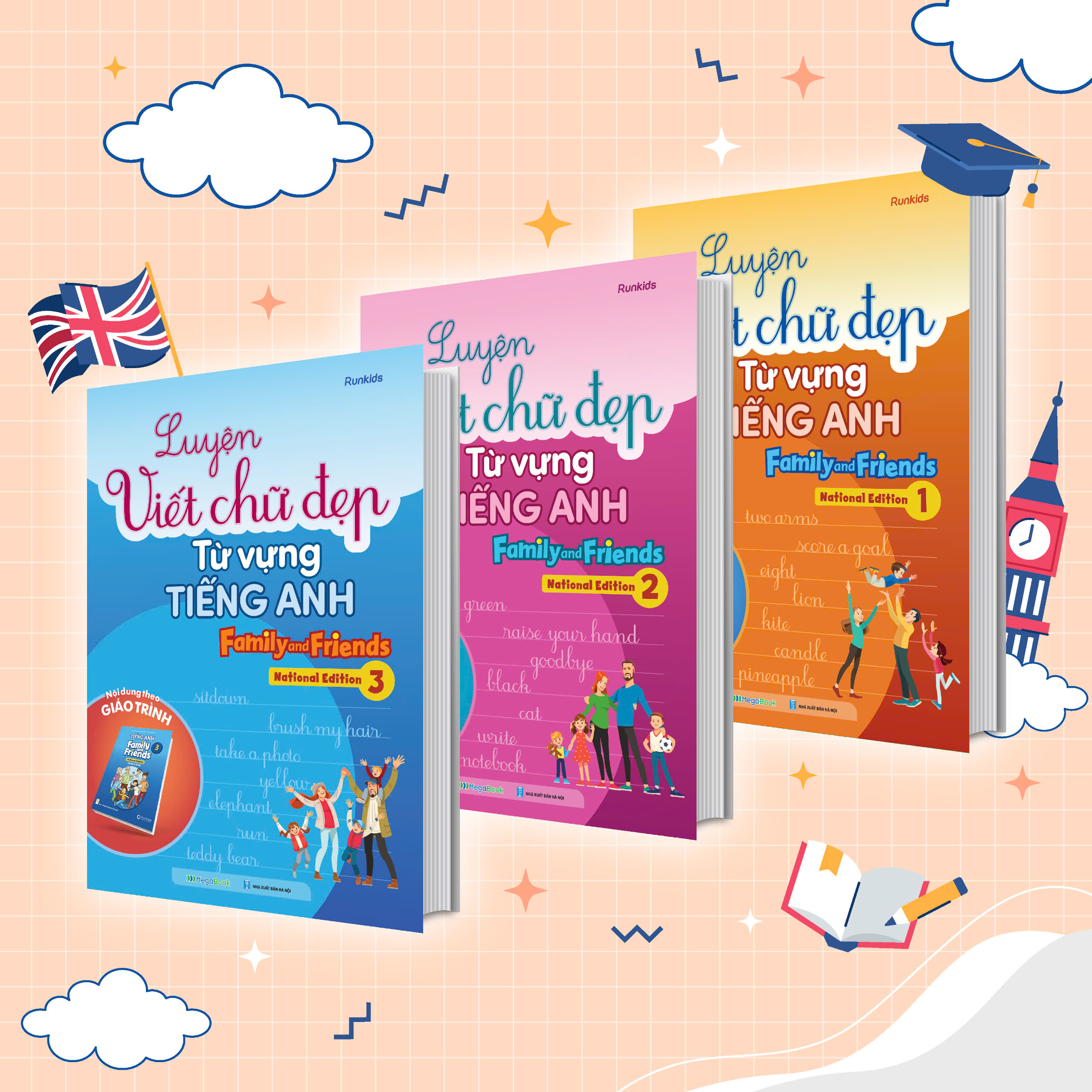 Sách Combo Luyện viết chữ đẹp từ vựng Tiếng Anh Family and Friends - National Edition 1,2,3 (3 Cuốn) - Megabook