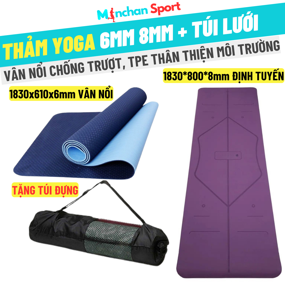 [Tặng túi đựng] Thảm tập Gym Yoga dày 6mm 8mm Minchan Sport 2 mặt cao cấp vân nổi chống trượt, chống rách, siêu bền, chất liệu TPE thân thiện môi trường-BH 12 tháng